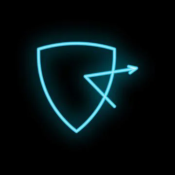 Neon cyber security shield protecting from arrow attack Illustrazione stock