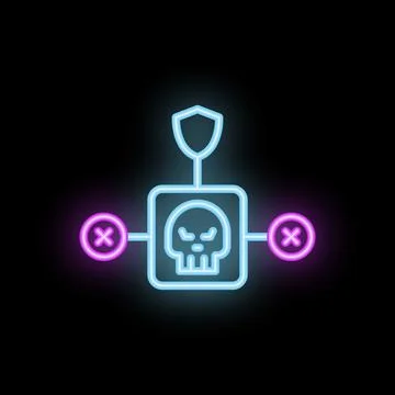 Neon cyber security system blocking cyber attack with skull icon Illustrazione stock