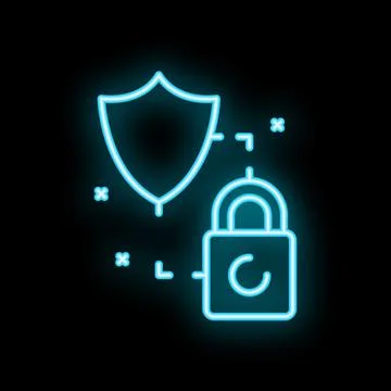 Neon cyber security system protecting with shield and lock icon Illustrazione stock