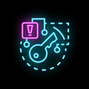 Neon cyber security system showing exclamation point warning sign in key sh.. Illustrazione stock