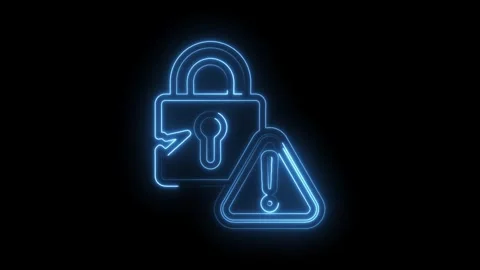 Neon cyber security threat illustration showing hacked lock and exclamation.. Stock Footage 346008047
