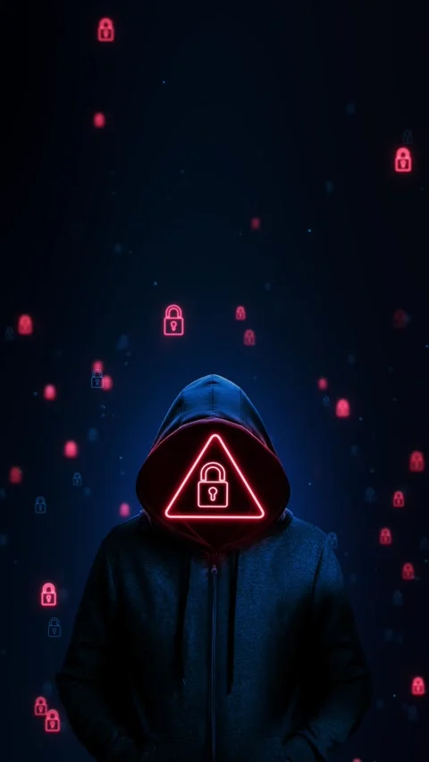 Neon Cyber Threat Warning Anonymous Hacker Data Protection cyber scene anonymous Stock Footage 341903711