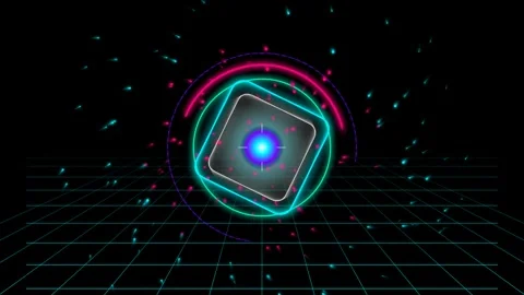 Neon cybernetic square hud interface with particle motion Video stock 344855288
