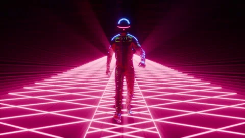 Neon Cyberpunk Helmet Guy Infinite VJ Loop Synced To 120 BPM Stock Footage 330334856