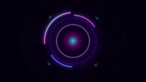 Neon cyberpunk hud interface with rotating circular scanning animation and .. Stock Footage 337561701