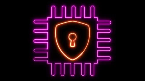 Neon cybersecurity concept with glowing shield and lock icon on dark backgr.. Stock Illustration