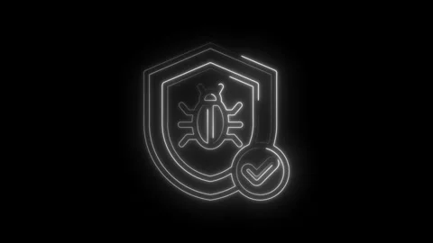 Neon cybersecurity shield with bug icon and checkmark glowing on black Stock Footage 333972822