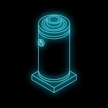 Neon cylinder with power button glowing on black background Ilustración de archivo