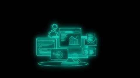 Neon dashboard interface with data widgets animated, Glowing neon-line anim.. Stock Footage 334764228
