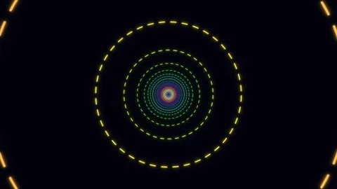Neon dashed circle tunnel with multicolor glow on black background Stock Footage 335941322
