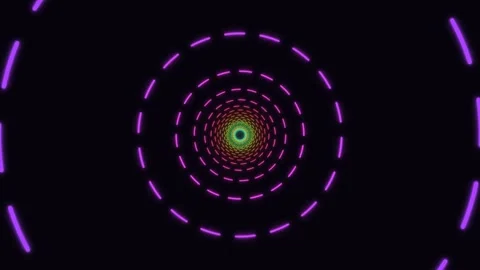 Neon dashed circle tunnel with shifting colors on black Stock Footage 336353370