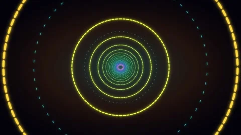 Neon dashed circle tunnel with shifting colors on black background Stock Footage 336995468