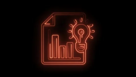 Neon data analysis document with light bulb glowing on a black background Stock Footage 322963077