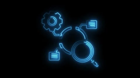 Neon data analysis process with gear,database,and magnifying glass on black.. Stock Footage 308287003
