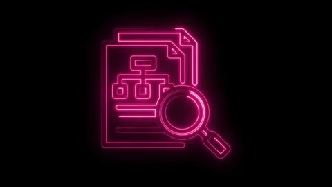 Neon data analysis video magnifying glass and document with flowchart on bl.. Stock Footage 346004717