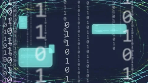 Neon data field reacting to sparse binary sending falling streams shifting cyan Stock Footage 334743995