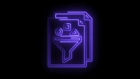 Neon data filter on documents glowing with purple outlines isolated on blac.. Stock Footage 346001361