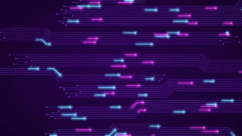 Neon data packets racing along horizontal circuit lines 스톡 동영상 348304037