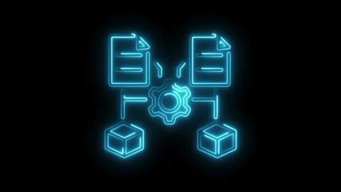 Neon data processing animation concept with boxes,files and gear on dark ba.. Stock Footage 308192296