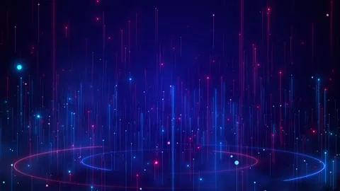 Neon data rain background blue pink vertical light streaks, glowing circular rin Stock Footage 340471962