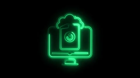 Neon data recovery on computer with cloud storage backup animation glowing .. Stock Footage 308191005