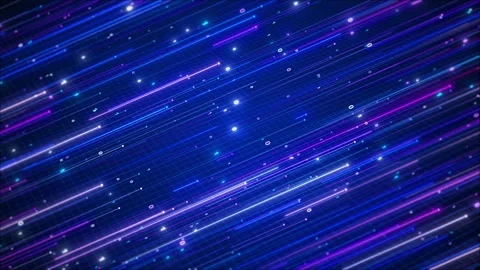 Neon data speed lines background blue and purple streaks, glowing particles, gri Stock Footage 340469290