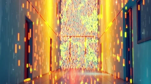 Neon Data Temple: Animated Interior Scene with Light Cascading Down in a Waterf Stock Footage 317967627