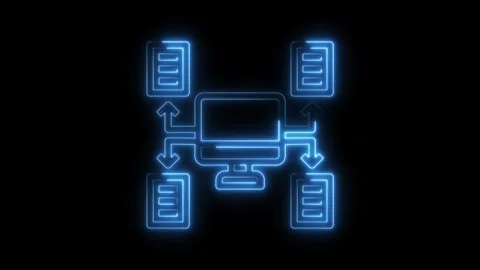Neon data transfer animation displaying network connection with computer and Stock Footage 322973856
