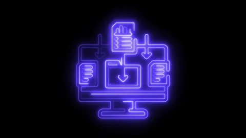 Neon data transfer animation shows cloud sync and server communication on d.. Video stock 308766910