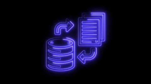 Neon data transfer between database and document files on black background Stock Footage 322973766