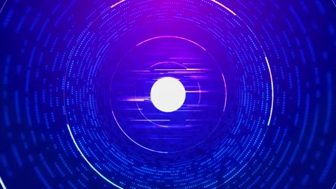 Neon data tunnel interface blue dotted rings, glowing arcs, bright center, fast Stock Footage 340568958