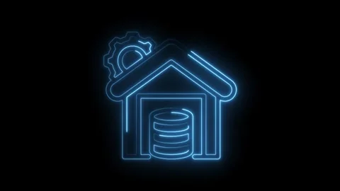 Neon data warehouse illustration with glowing gear icon on dark background Stock Footage 346003777