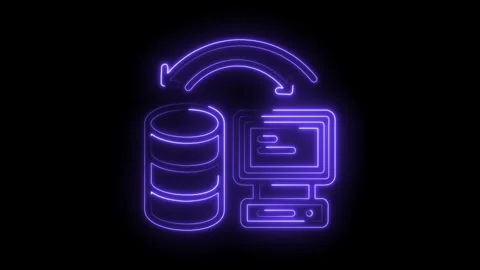 Neon database and computer synchronization animated icon on black background Stock Footage 322961352