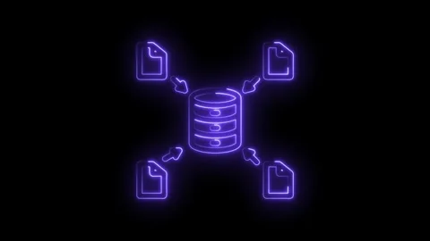 Neon database icon with arrows pointing to files data transfer concept digital 스톡 동영상 333967111