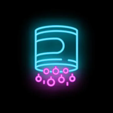 Neon database icon glowing with data droplets on black background Stock Illustration