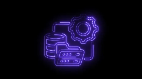 Neon database management with gear and folder symbol data processing glow Stock Footage 312309182