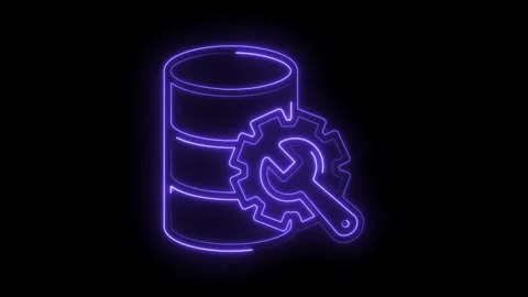 Neon database repair concept animation database symbol gear and wrench glowing Stock Footage 322961348