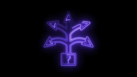 Neon decision tree with question mark glowing purple against black background Stock Footage 322957461