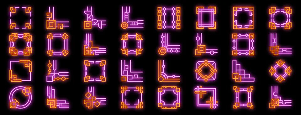 Neon decorative frames and corners glowing on black background イラスト素材