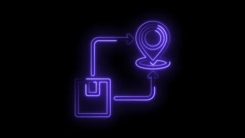 Neon delivery route animation parcel box to location pointer glowing on black 스톡 동영상 330783330