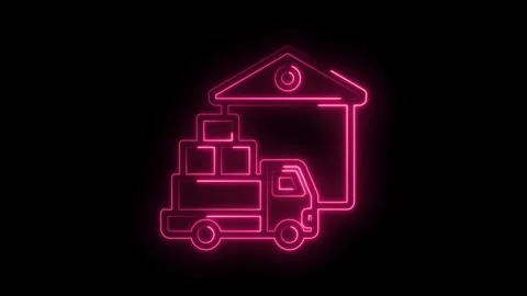 Neon delivery truck loading boxes from warehouse on black background animatio Stock Footage 346006150