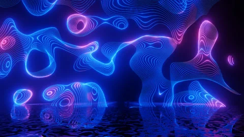 Neon Design of blue pattern wall in motion. 4K video with various neon elements Stock Footage 256428476