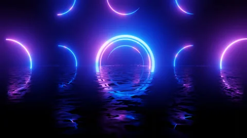 Neon Design blue purple pattern form wall. 4K video with various neon elements Stock Footage 256422335