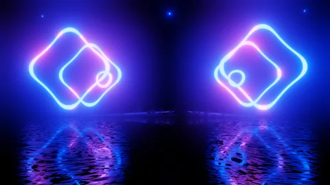 Neon Design blue purple pattern form wall. 4K video with various neon elements Stock Footage 256423545