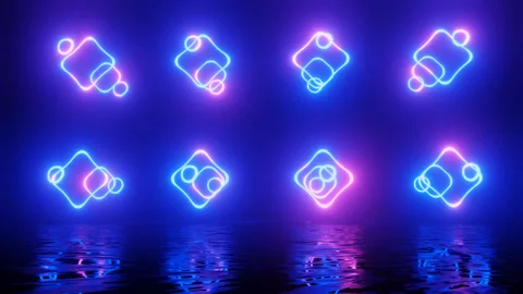 Neon Design blue purple pattern form wall. 4K video with various neon elements Stock Footage 256424001