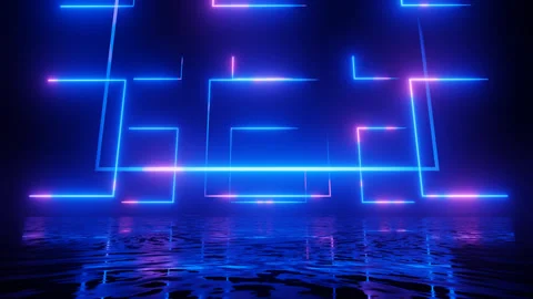 Neon Design blue purple pattern form wall. 4K video with various neon elements Stock Footage 256424384