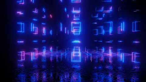 Neon Design blue purple pattern form wall. 4K video with various neon elements Stock Footage 256424535