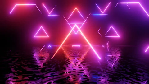 Neon Design blue purple pattern with lines. 4K video with various neon elements Stock Footage 256424641