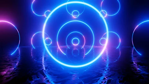 Neon Design blue purple pattern form wall. 4K video with various neon elements Stock Footage 256424850