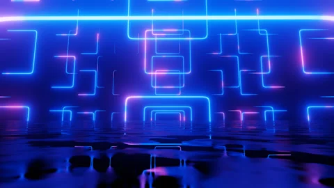 Neon Design blue purple pattern form wall. 4K video with various neon elements Stock Footage 256425066